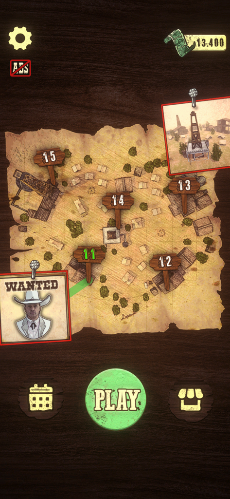 Wild West Sniper: Cowboy War - Missionsauswahlkarte in Wild West Sniper mit Missionsorten und Steckbrief