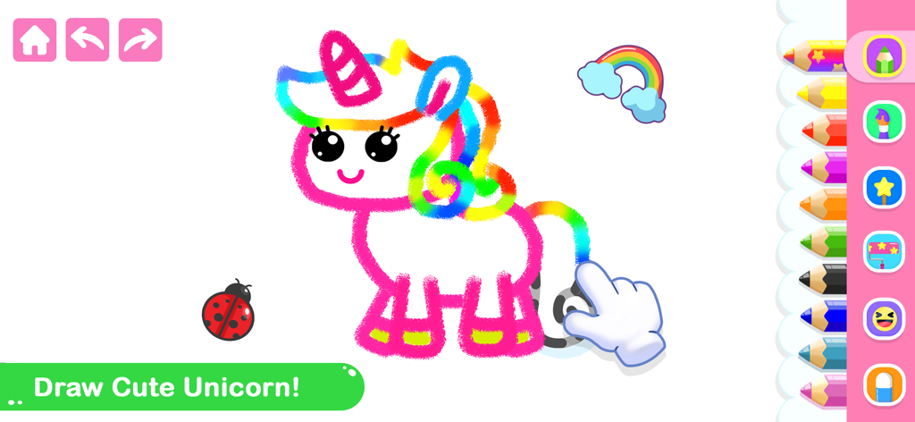 Drawing for Kids Coloring Game - Interfaz de coloreado digital para niños que presenta un unicornio lindo siendo coloreado con un pincel de arcoíris y varias herramientas de dibujo.