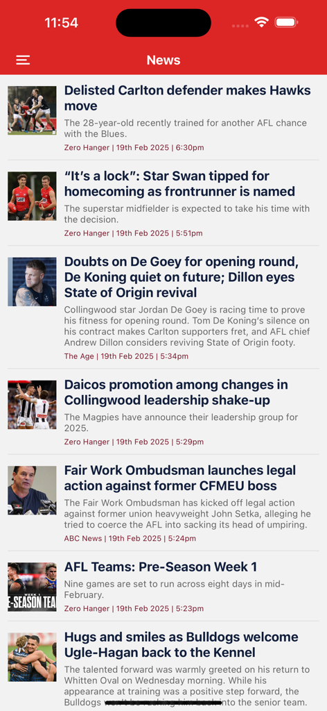 A news feed screen in the Footyinfo app showing the latest AFL headlines and articles.