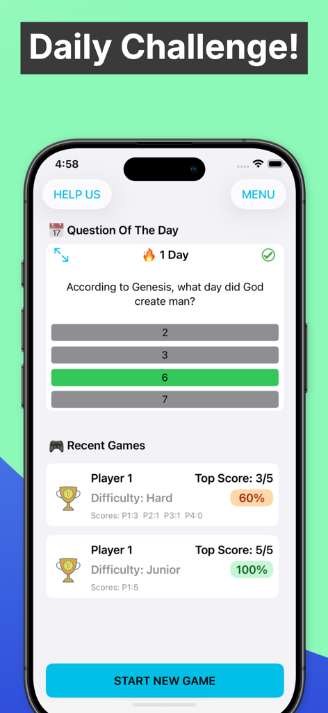 Bible Trivia - Christian Game - iPhoneの創世記に関する毎日のチャレンジの質問を表示する聖書クイズアプリのインターフェース