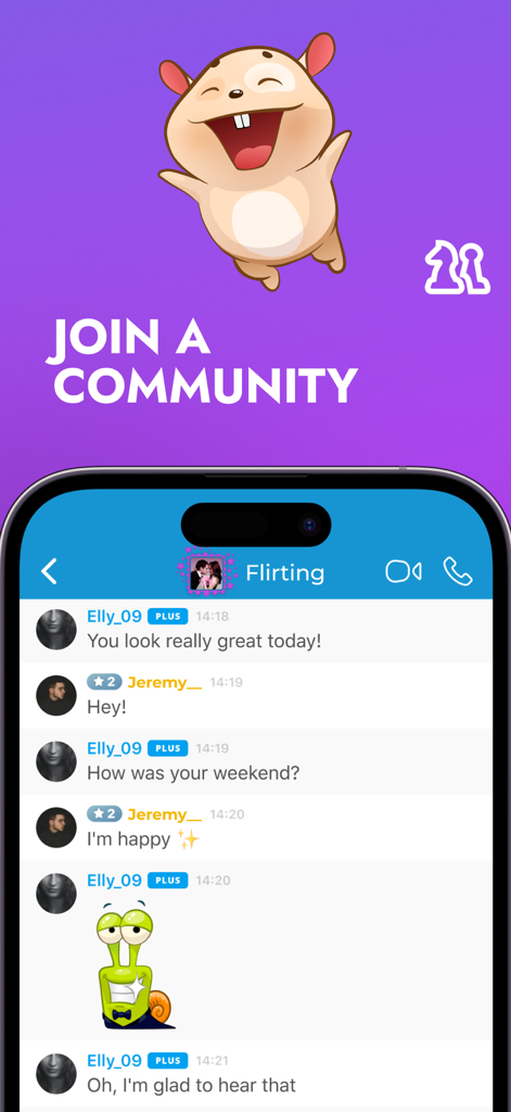 Paltalk mobile app screen displaying a group chat room with interactive text and stickers.