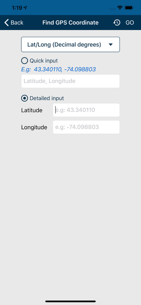 Input screen for latitude and longitude coordinates in Measure Map