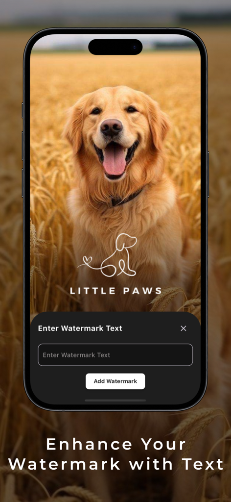 Watermark Maker・Text On Photo - Smartphone screen showing the Watermark Maker app with a text input field over a photo of a dog
