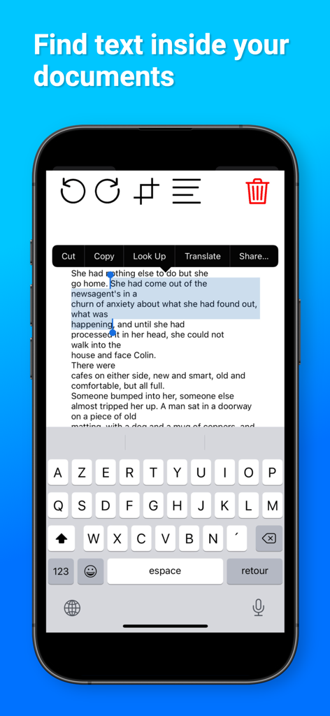 iPhone interface showing text selection and OCR feature in the Expert Scan PDF Scanner app