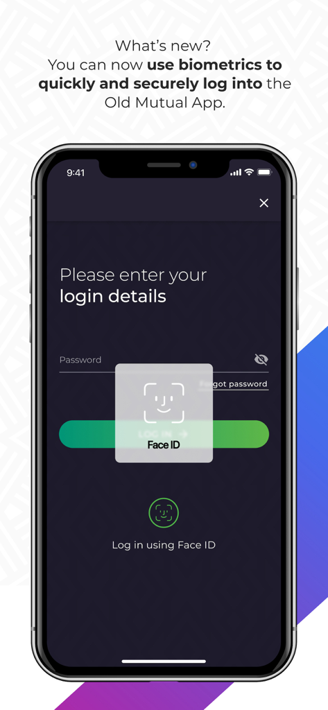 Old Mutual - Old Mutual finance app login screen with Face ID biometric authentication