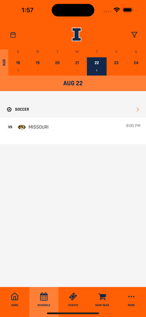 Fighting Illini - Fighting Illini app schedule screen showing a soccer game against Missouri on August 22nd.