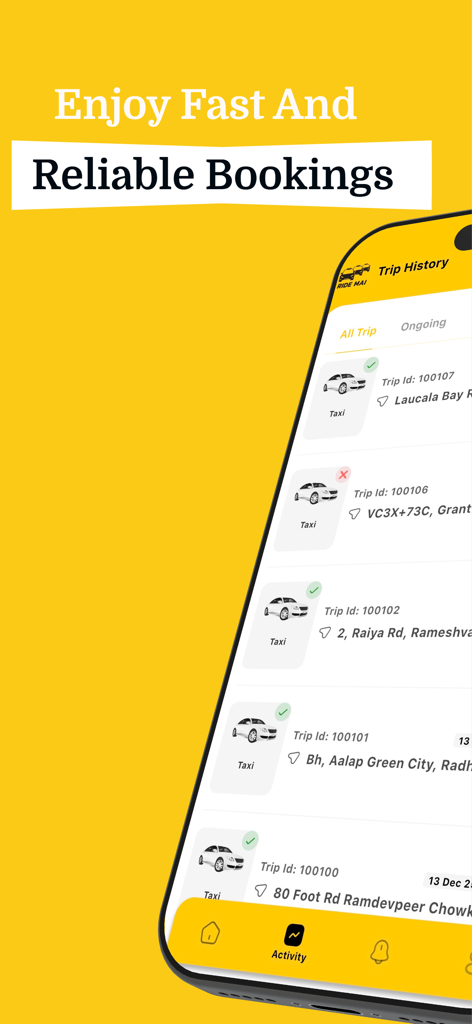 RideMai - Interface do aplicativo móvel RideMai mostrando uma lista de reservas de corridas anteriores e histórico de viagens