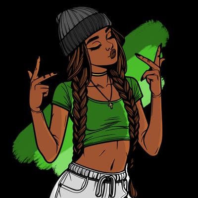 realistic teenage girl with braids and a beanie and crop top doing 🫶🏼