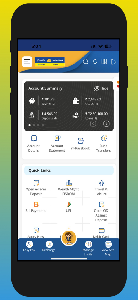 IndSMART IndianBank Mobile App - Dashboard dell'app mobile IndSMART IndianBank con riepilogo del conto e servizi bancari