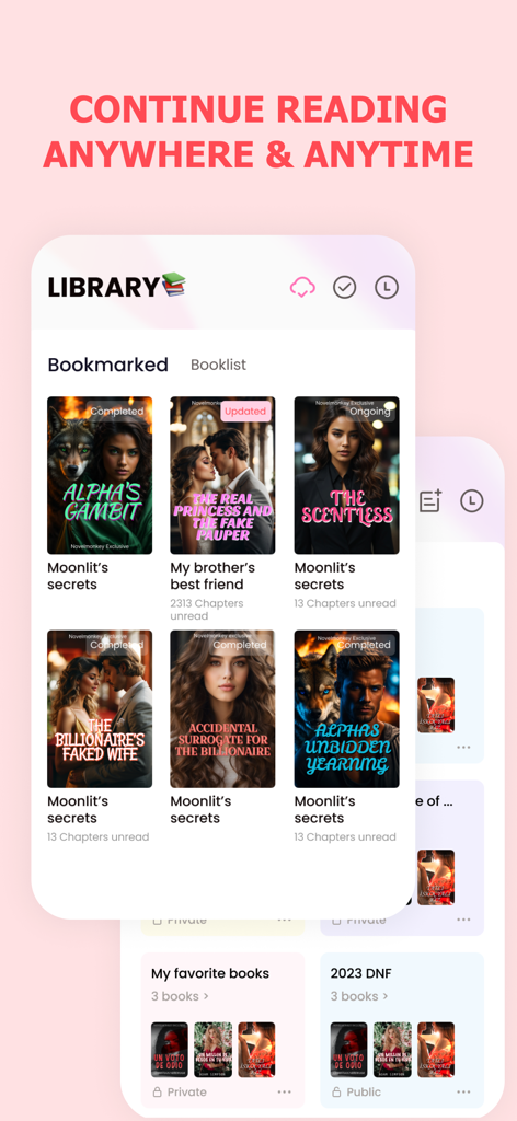 Fictio app library showing bookmarked werewolf and romance novels