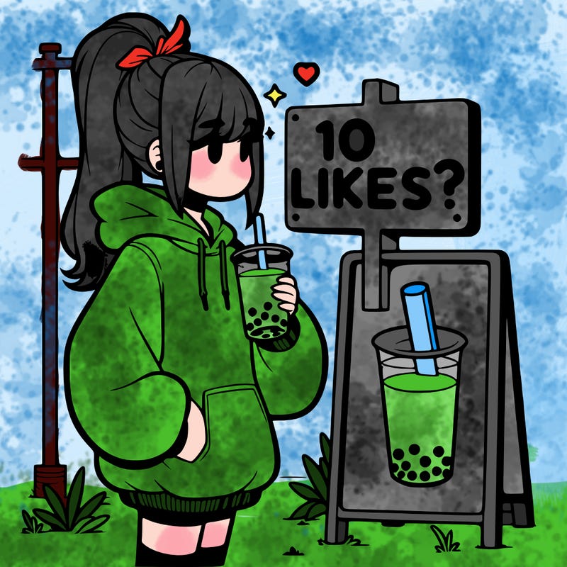 girl with oversized hoodie drinking boba and she has a high ponytail with a sign that says 10likes?