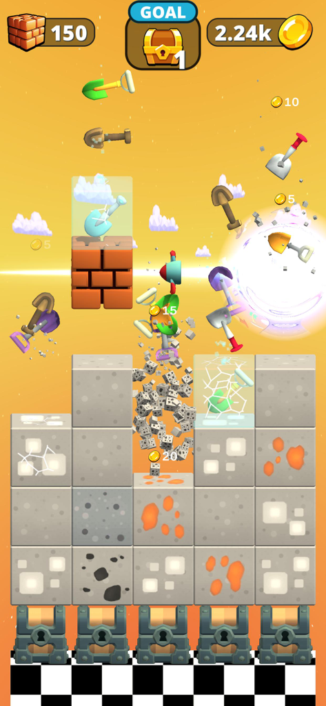 Merge and Dig - Screenshot di gioco di Merge and Dig che mostra strumenti colorati che sfondano strati di blocchi di pietra per raggiungere forzieri del tesoro.