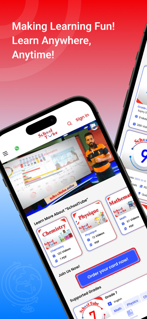 SchoolTube - Mobile interface of the SchoolTube app showing a physics video lesson and course cards for chemistry and mathematics.