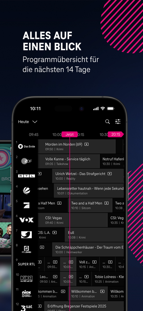 MagentaTV: TV & Streaming - MagentaTV app electronic program guide showing a schedule of German TV channels like Das Erste and ZDF