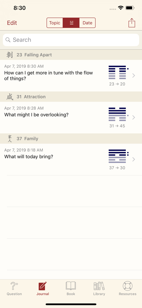 The journal screen of the Yi Jing app displaying a list of past oracle readings and questions