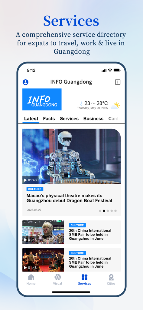 South APP - South APP interface showing the services directory for expats and local news about Guangdong.