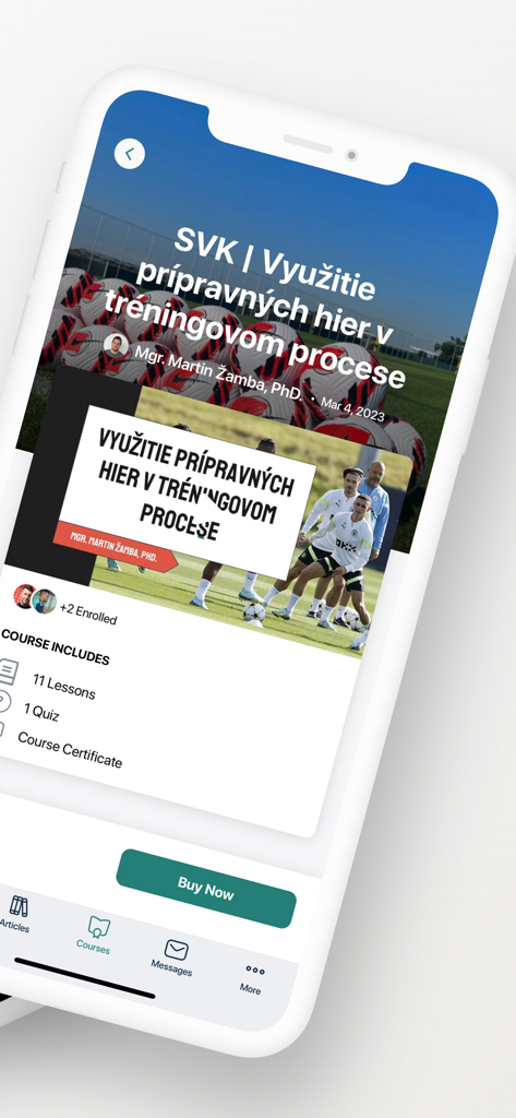 Soccer Coaches Hub - The course details screen of the Soccer Coaches Hub app featuring a training session on preparatory games for soccer coaches.