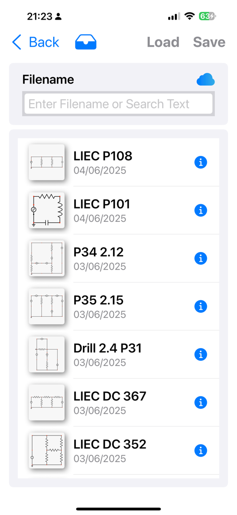 Eine Liste gespeicherter Schaltschaltpläne in der Circuit Calculator App mit Dateinamen und Daten