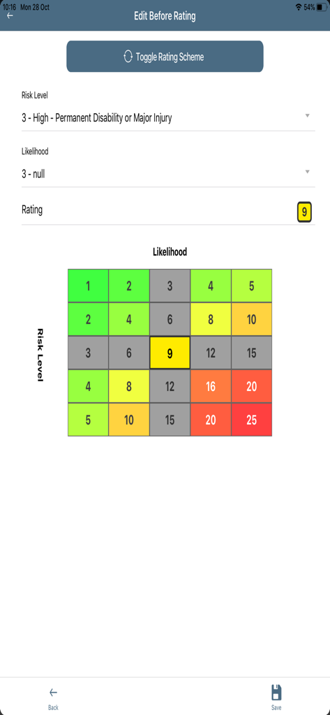 Risk rating matrix screen showing a color coded grid for calculating hazard levels
