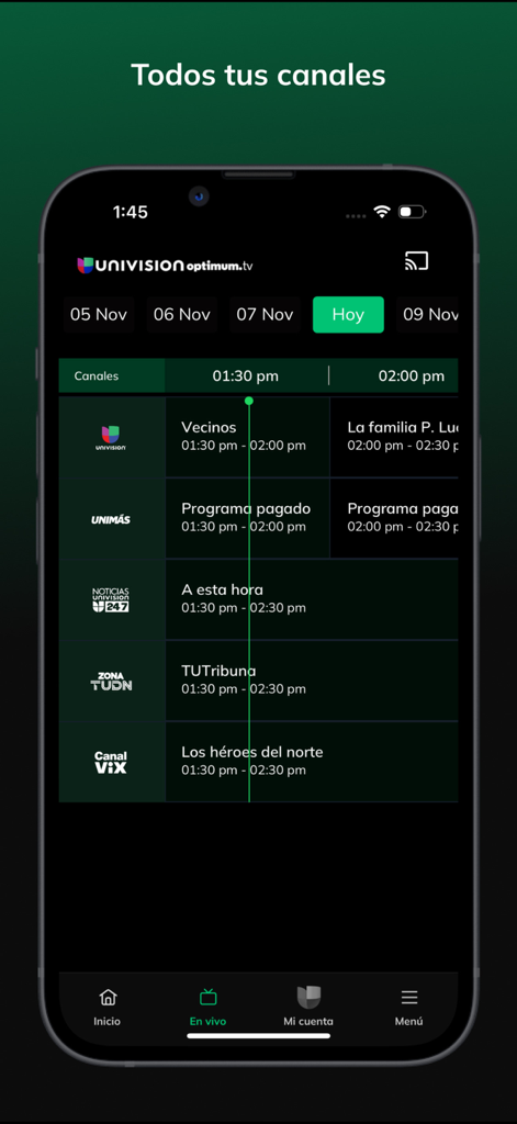 Univision App interface displaying a live TV programming schedule for Spanish language channels