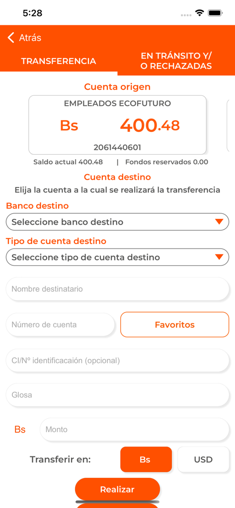 econet - Interface móvel da aplicação econet para transferências bancárias em Bolivianos e dólares americanos.