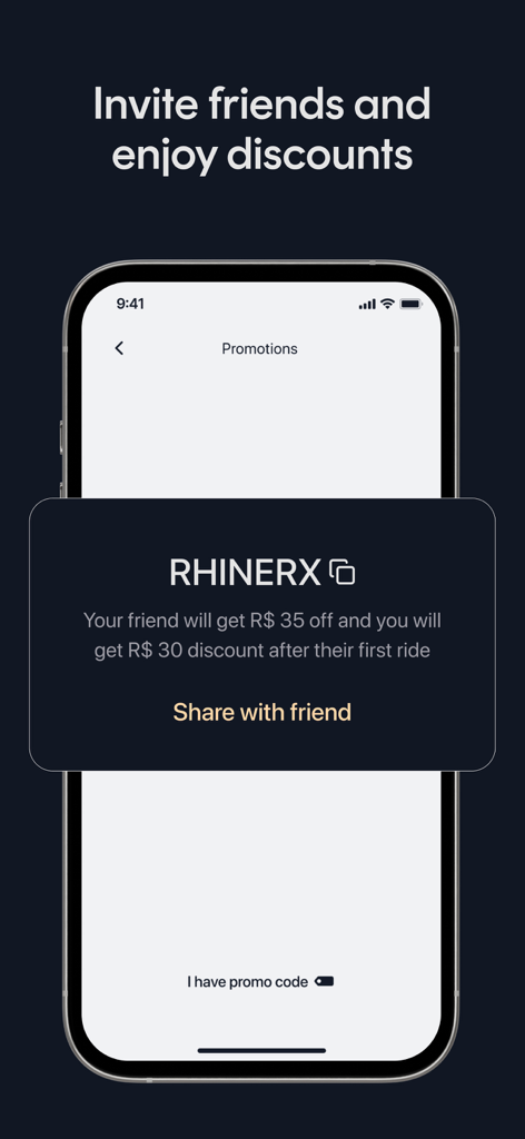Rhino: Premium armored rides - Tela de código de indicação no aplicativo Rhino para convidar amigos e obter descontos em viagens