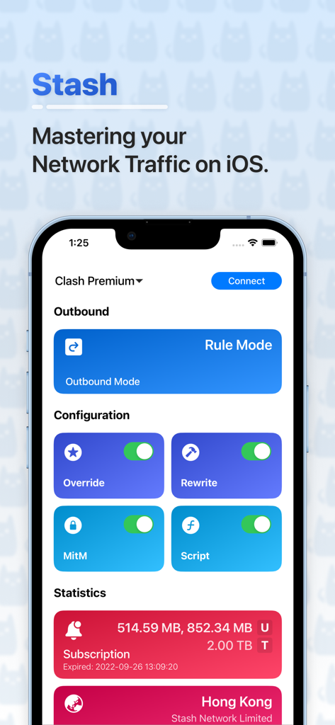 Stash - Rule Based Proxy - Panel de la aplicación móvil Stash en iOS para gestionar el tráfico de red proxy basado en reglas
