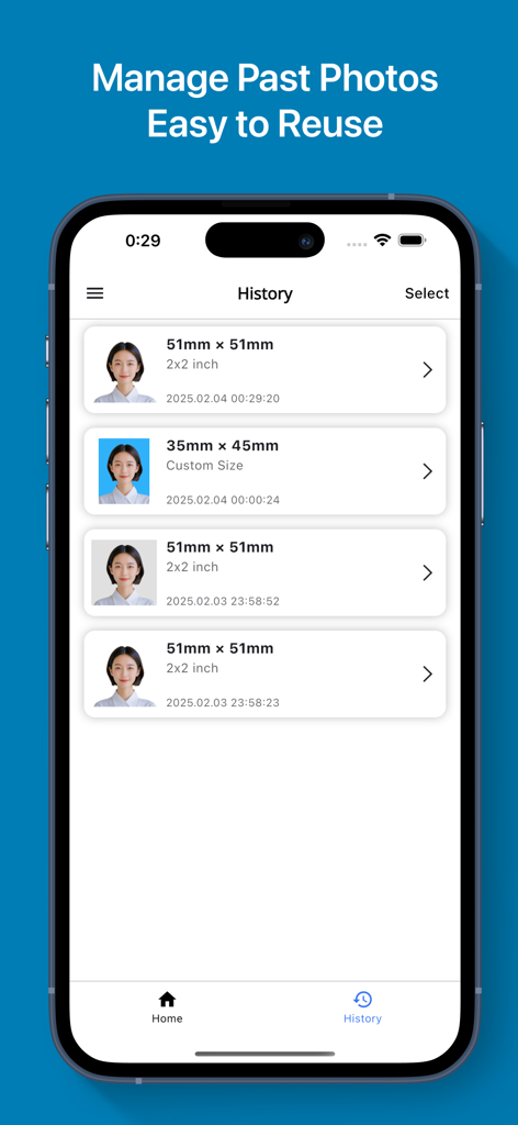 Passport Photo-ID Photo Snap - Pantalla de la aplicación móvil mostrando una lista de fotos de pasaporte y identificación guardadas en la sección de historial para una fácil reutilización