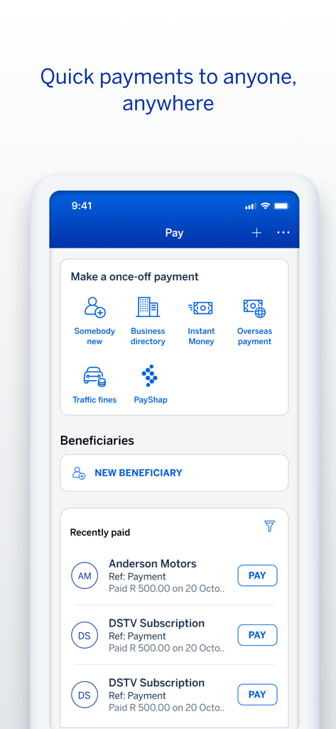 Standard Bank / Stanbic Bank - Schermata dell'app mobile Standard Bank che mostra opzioni di pagamento come pagamenti una tantum, trasferimenti internazionali e beneficiari