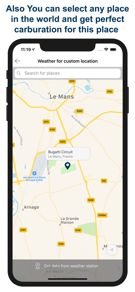 Selección de ubicación personalizada en un mapa para ajustes precisos del reglaje del kart.