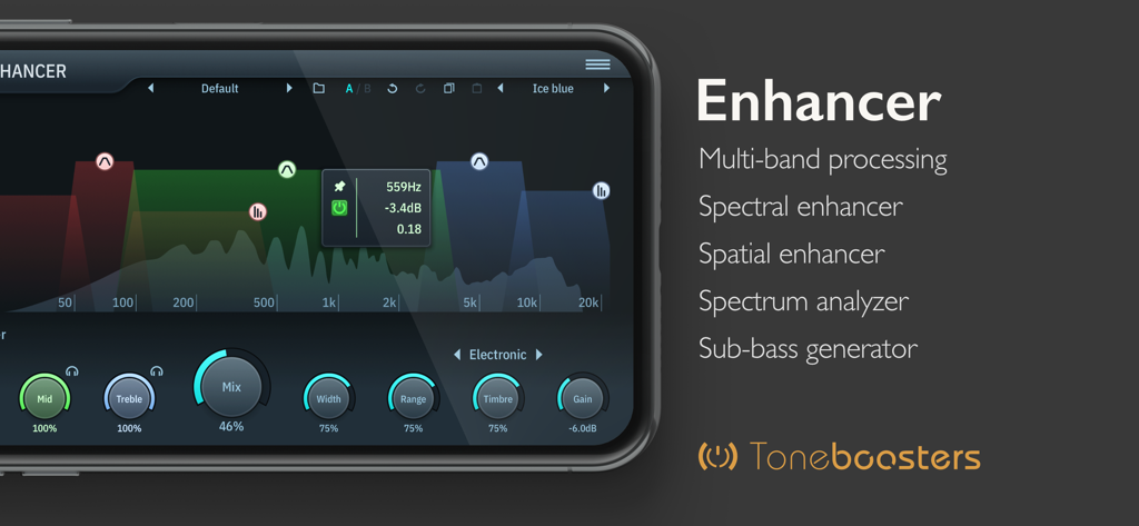 TB Enhancer mobile interface showing spectrum analyzer and audio enhancement controls