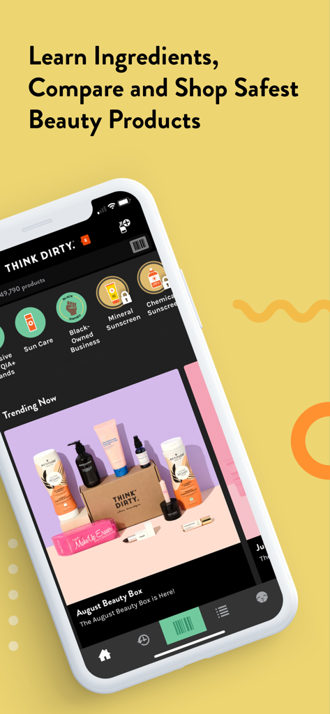 Interface do aplicativo Think Dirty exibindo categorias de produtos de beleza seguros e caixas de beleza limpa em alta.