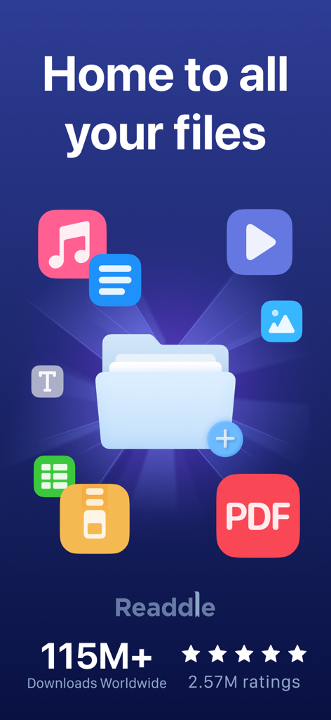App interface showing Documents by Readdle as a central hub for all files including PDFs, music, and videos.