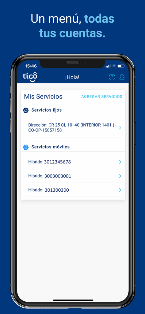 Pantalla de gestión de servicios fijos y móviles en un solo menú de la app Mi Tigo Colombia.