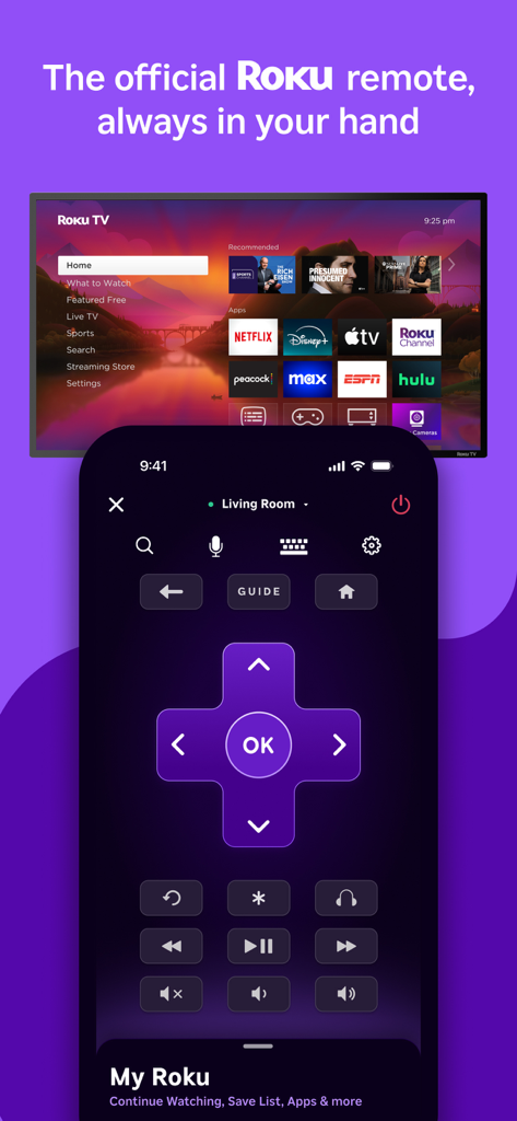 The official Roku mobile app remote interface showing navigation buttons and TV screen