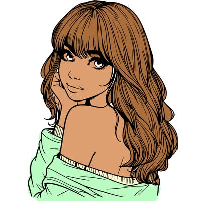 realistic girl with bangs looking over her shoulder