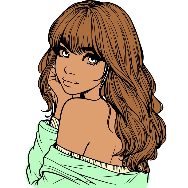 realistic girl with bangs looking over her shoulder