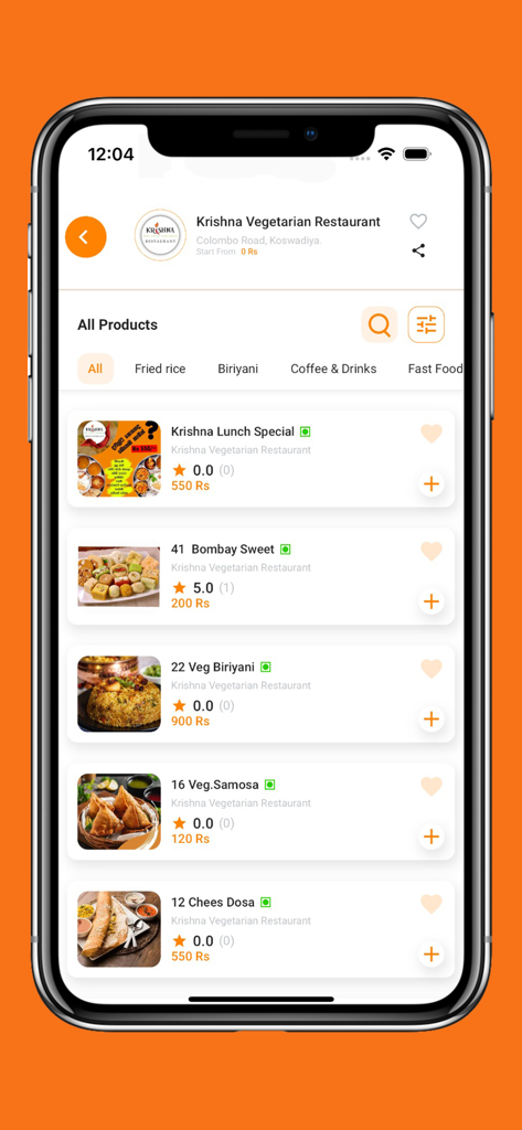Raala Food - Raala Foodアプリに、クリシュナ・ベジタリアン・レストランのメニューと、地元料理と価格が表示されています。