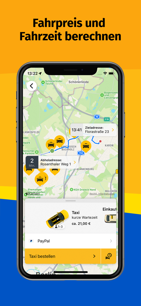 Taxi.eu app interface showing a map of Berlin with taxi locations, route planning, and estimated fare in Euros.