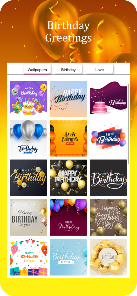 Happy Birthday Video Maker - Una variedad de plantillas de tarjetas de felicitación de feliz cumpleaños coloridas y elegantes dentro de la interfaz de la aplicación