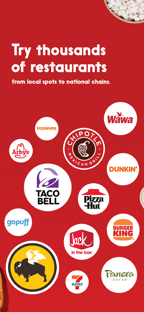 Seamless: Local Food Delivery - A red promotional screen showing logos of popular restaurants like Taco Bell, Chipotle, and Burger King with text saying try thousands of restaurants.