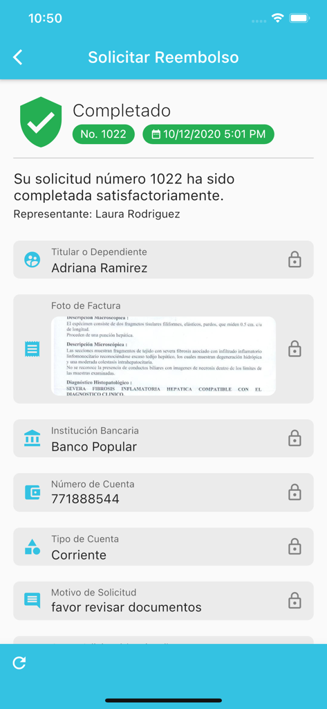 ARS Renacer - Una captura de pantalla móvil de la aplicación ARS Renacer que muestra una solicitud de reembolso de seguro médico completada con éxito con detalles de estado y una marca de verificación verde.