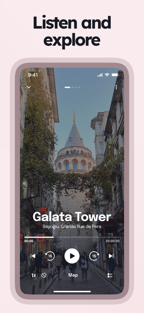 Schermo dello smartphone che mostra l'interfaccia del tour audio dell'app Piri per la Torre di Galata