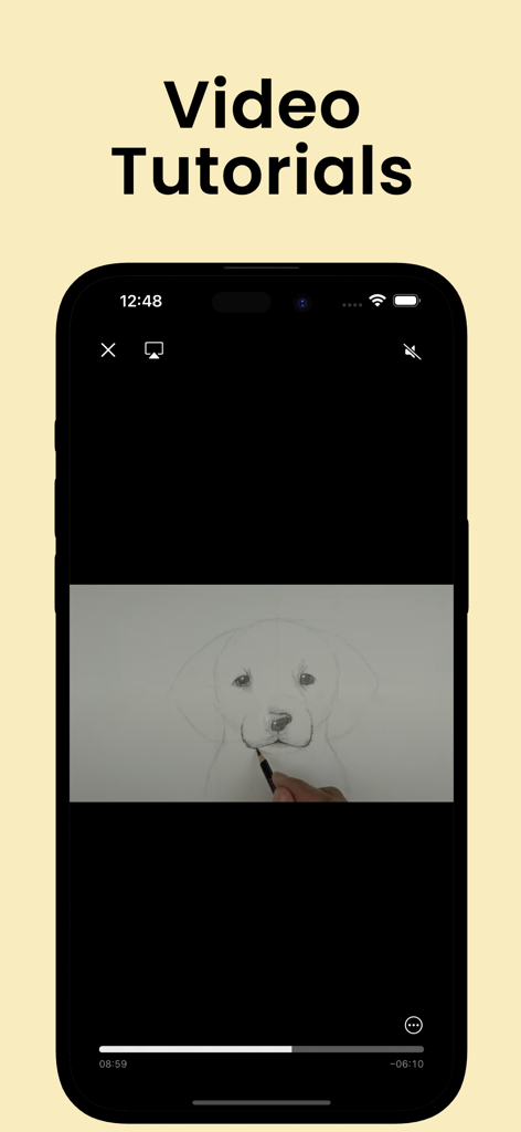 Learn Drawing Offline: Artify - Schermo di uno smartphone che mostra un tutorial video per disegnare la faccia di un cucciolo passo dopo passo.