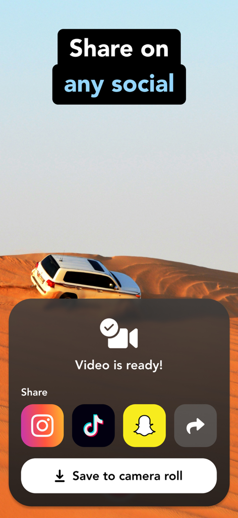 Interfaz de la aplicación 2Cam que muestra opciones para compartir videos en Instagram, TikTok y Snapchat