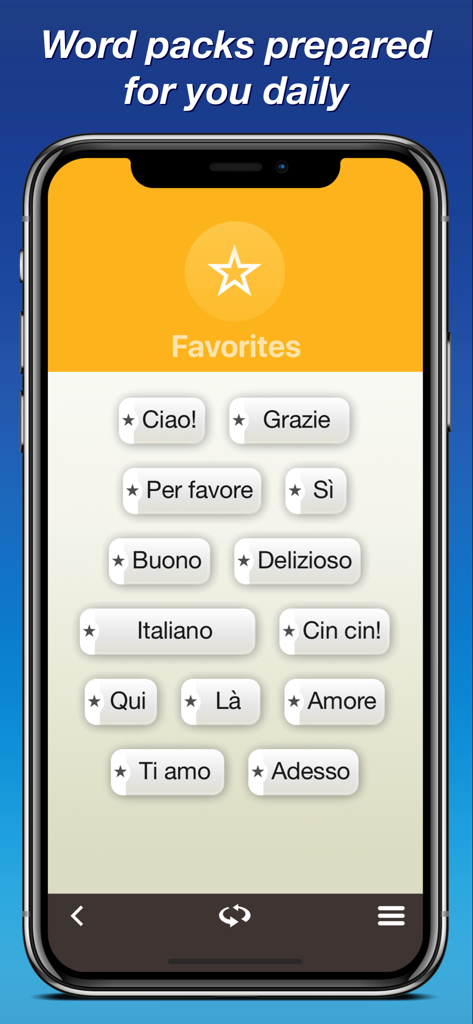 Italian by Nemo - A smartphone screen showing the Italian by Nemo app with a list of favorite Italian words including Ciao and Grazie
