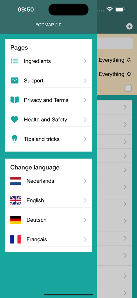 Barra de navegación lateral de la aplicación Fodmap 2.0 que muestra páginas del menú y opciones de selección de idioma
