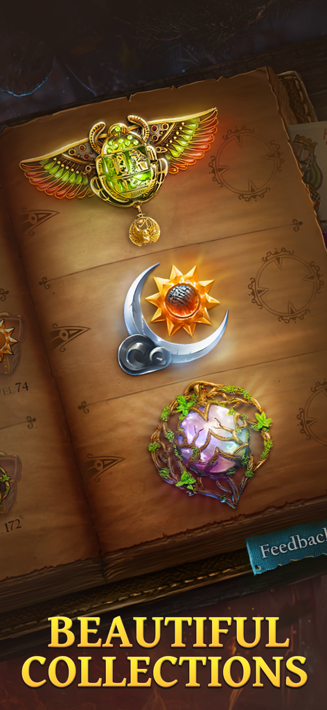 Solitaire Fairytale Game - In-game screen of Solitaire Fairytale showing beautiful collections of magical artifacts inside a virtual book