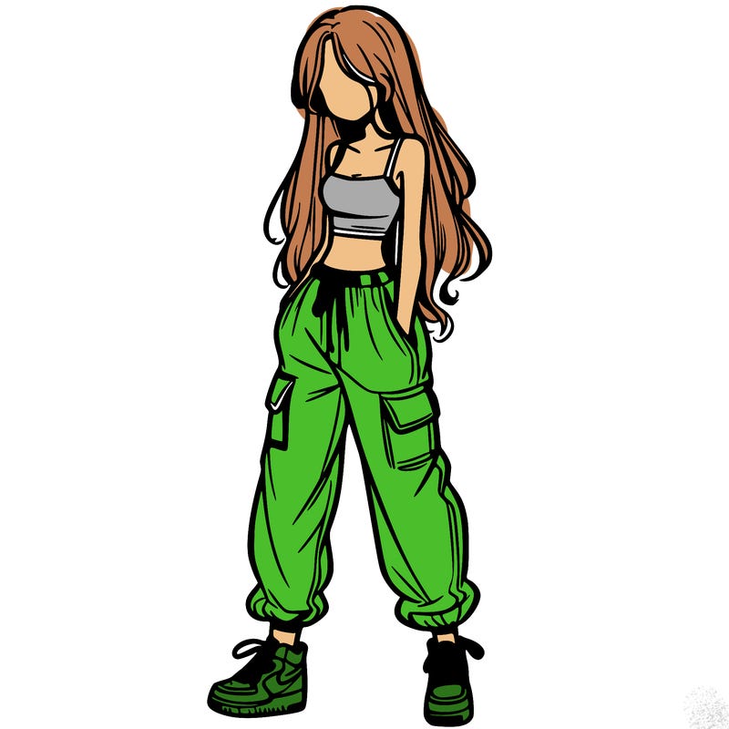 girl in baggy pants crop top and long hair
