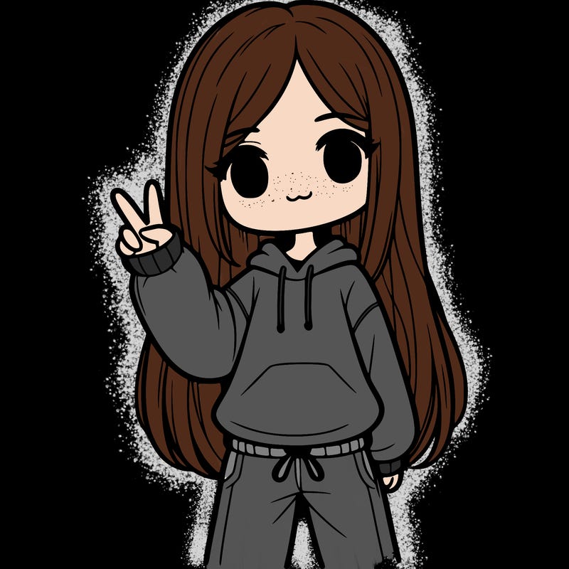 girl with straight down hair wearing a sweater and sweatpants doing the peace sign